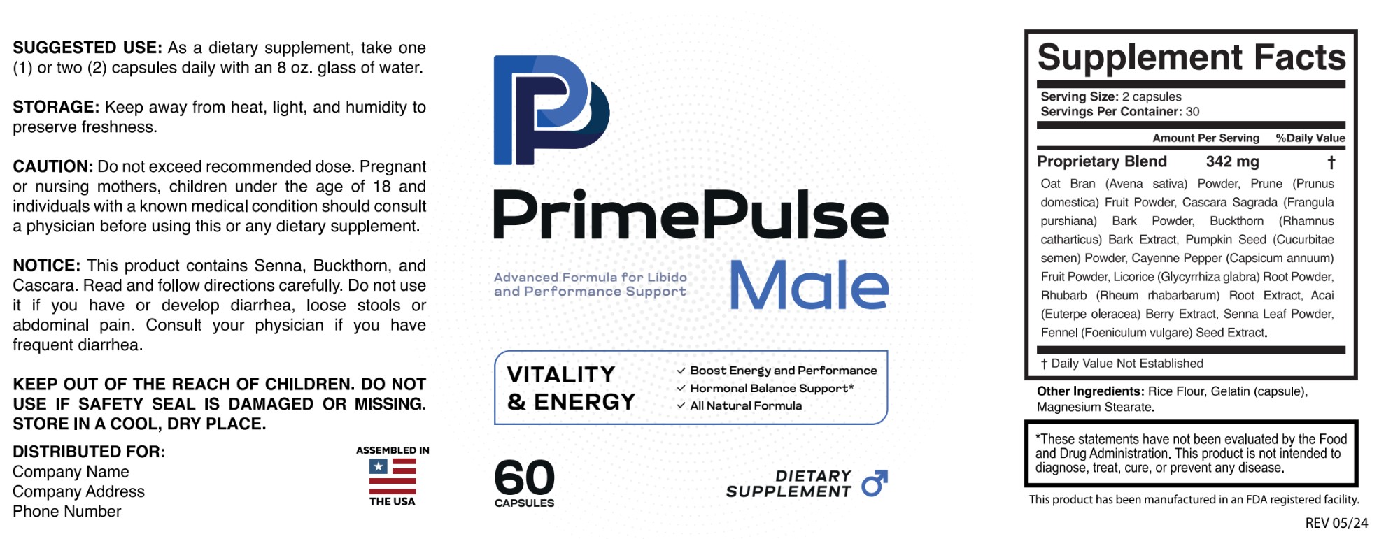 PrimePulse Male Supplement Facts Label